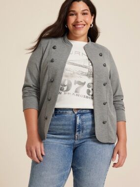 Women's Grey Double-Breasted Military Style Knit Jacket